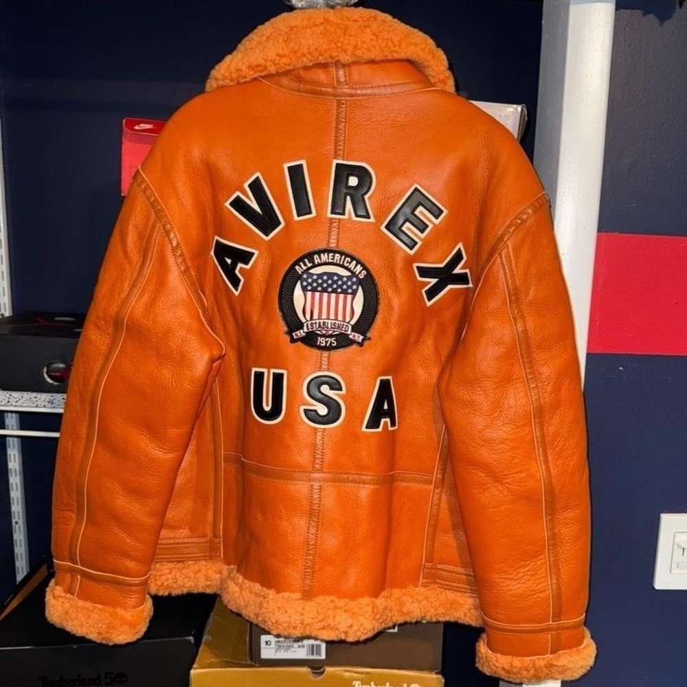 Avirex Icon Leather Shearling Coat Orange Small Authentic Retail $1,998